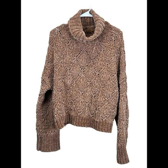 Luxe by POL CLOTHING Cropped Eyelet Cutout‎ Sweater Large Tan Turtleneck SMT420A - Picture 1 of 3
